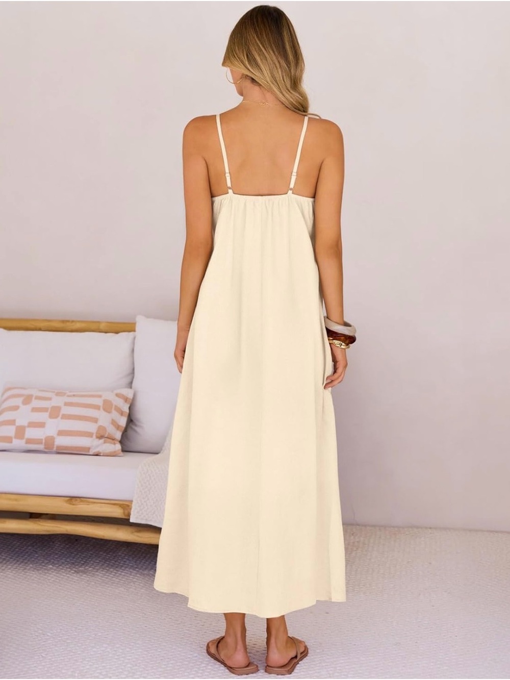 Cream Spaghetti-Strap Maxi Dress with Gathered Bodice - Picture 3 of 5